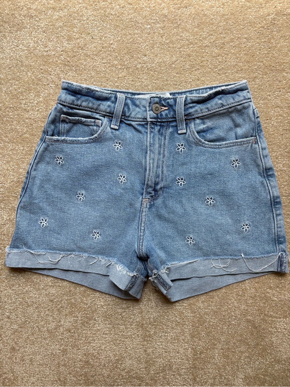 HOLLISTER High-Waist Blue Denim Shorts with White Embroidery